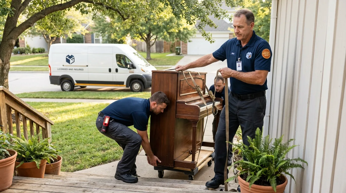Licensed piano movers securing grand piano in Hartford, SD