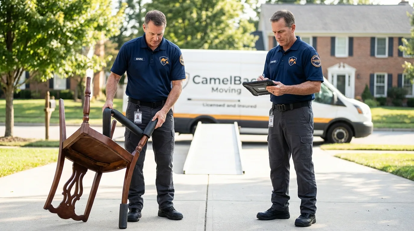 Movers inspecting furniture for damage prevention before loading in Hartford, SD